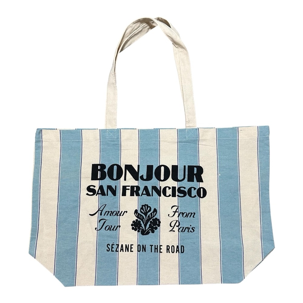 Sezane Bonjour San Francisco Rare Light Blue Stripe Cotton Tote Bag